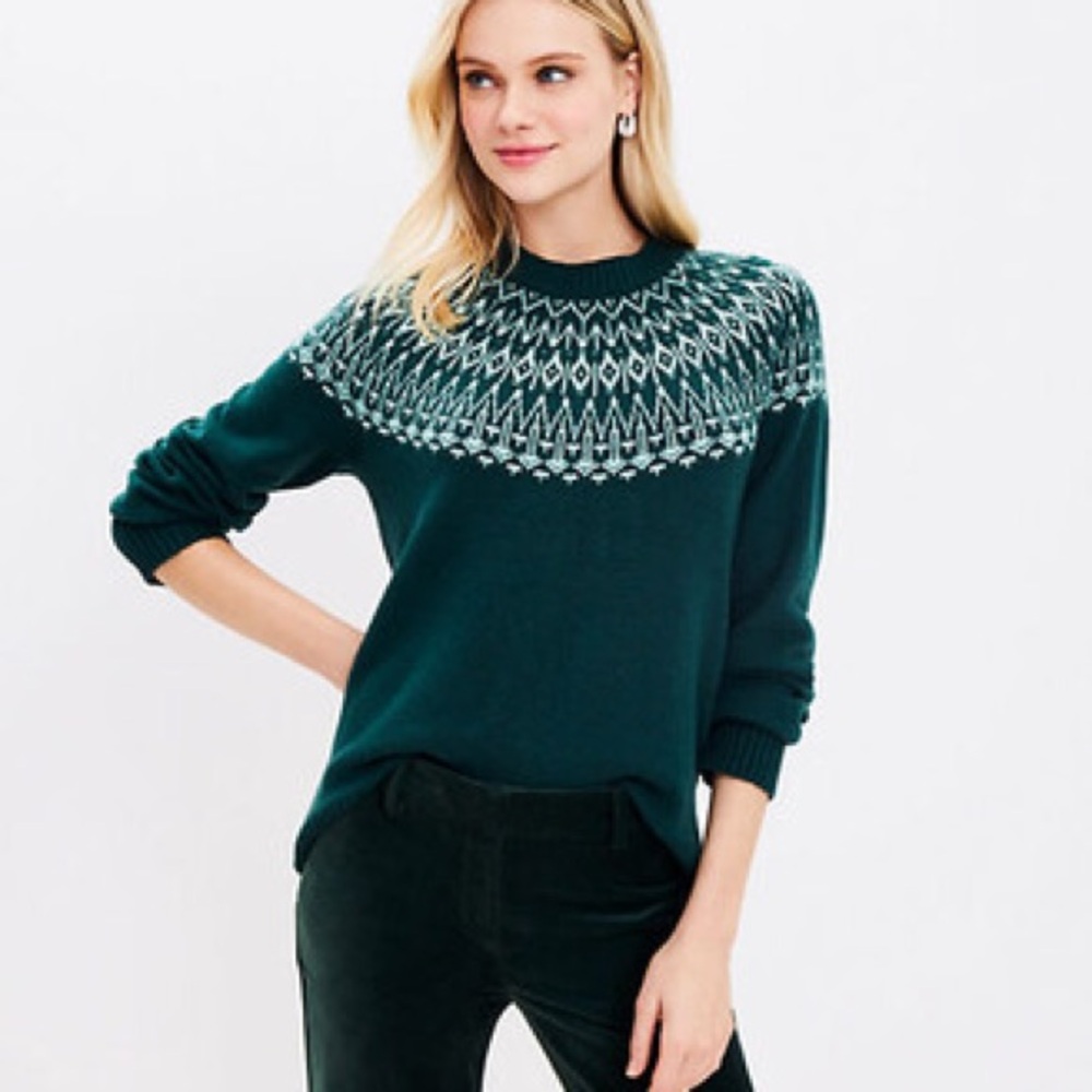 NWT LOFT Fair Isle Green Apres soft crew pullover Sweater lightweight Alpine - Picture 9 of 9